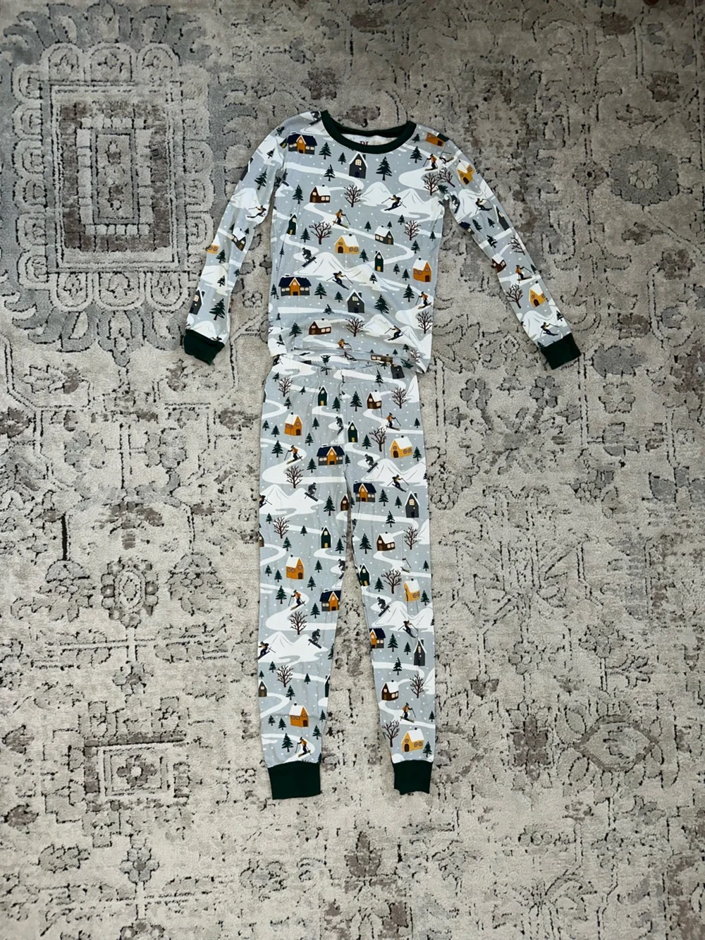 The Children's Place Gray Cabin & Tree Pajama Set with Green Cuffs